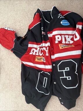 Black and Red Racing Jacket with Bold Number Graphics